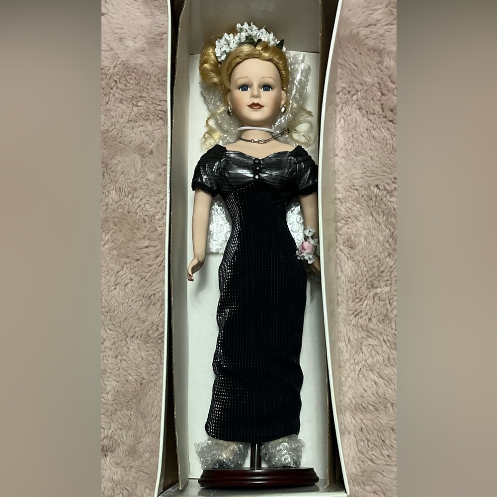 Porcelain Doll Butterfly Kisses Precious Collectible Black Evening Gown. New